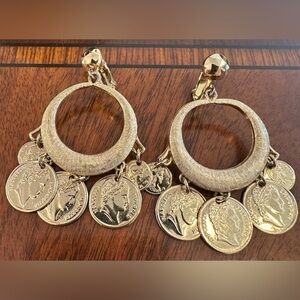 Vintage French Emperor NAPOLEON BONAPARTE Coin Gold Tone Chandelier Earrings EUC